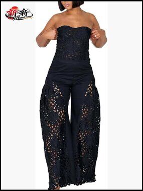 Polyester Lace Strapless Corset Top with Hollow Out Eyelet Wide Leg Pants